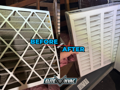 The image is of a before and after of an HVAC air filter. The left shows the old filter that is filled with dust and worn. The right shows a new clean air filter ready for install.